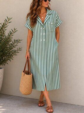 FRNCH Paris Green White Striped Midi Shirt Dress | Button Front | M/L